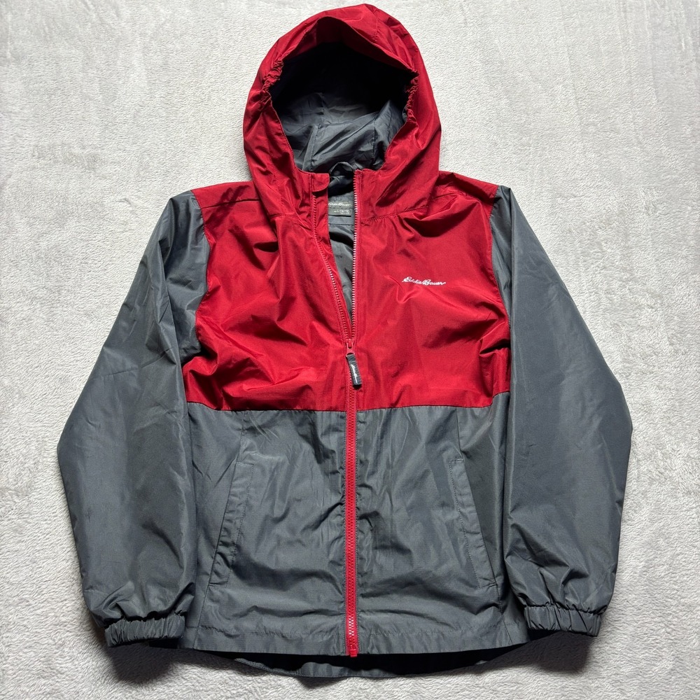 Eddie Bauer Jacket‎ Boys L 14/16 Windbreaker Full Zip Hooded Youth Kids Red Gray